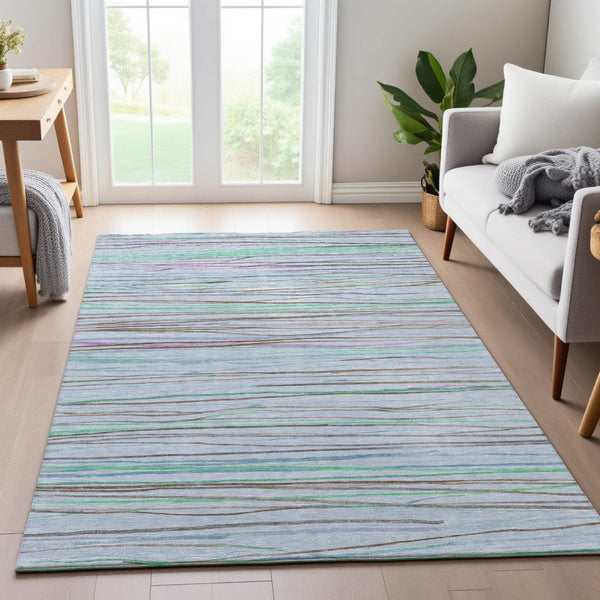 HomeRoots 5' X 8' Striped Washable Area Rug in Sky Blue, Green & Purple - UV Protected, Durable & Stylish! 694733