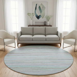 HomeRoots 8' X 8' Striped Washable Round Rug in Sky Blue, Green & Purple – UV Protected, Non-Slip, Stain Resistant! 694734