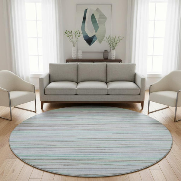 HomeRoots 8' X 8' Striped Washable Round Rug in Sky Blue, Green & Purple – UV Protected, Non-Slip, Stain Resistant! 694734