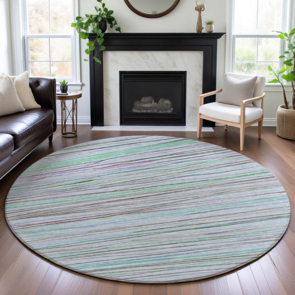 HomeRoots 8' X 8' Striped Washable Round Rug in Sky Blue, Green & Purple – UV Protected, Non-Slip, Stain Resistant! 694734