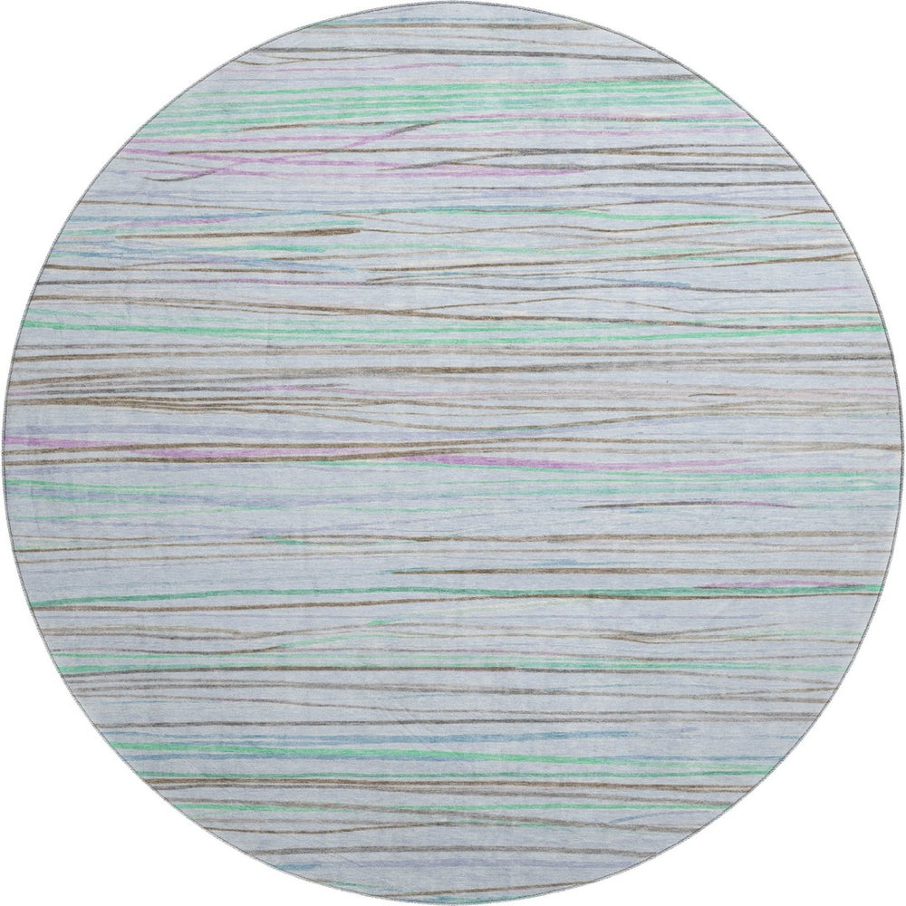 HomeRoots 8' X 8' Striped Washable Round Rug in Sky Blue, Green & Purple – UV Protected, Non-Slip, Stain Resistant! 694734