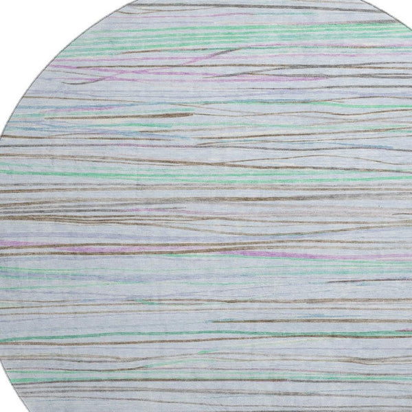 HomeRoots 8' X 8' Striped Washable Round Rug in Sky Blue, Green & Purple – UV Protected, Non-Slip, Stain Resistant! 694734