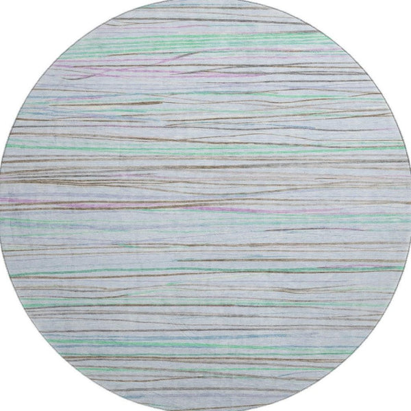 HomeRoots 8' X 8' Striped Washable Round Rug in Sky Blue, Green & Purple – UV Protected, Non-Slip, Stain Resistant! 694734