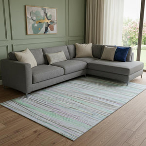 HomeRoots 8' Cheerful Striped Washable Area Rug in Sky Blue, Green & Purple with UV Protection & Non-Slip Backing 694735