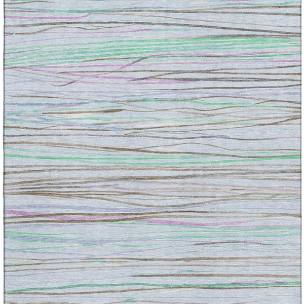 HomeRoots 8' Cheerful Striped Washable Area Rug in Sky Blue, Green & Purple with UV Protection & Non-Slip Backing 694735