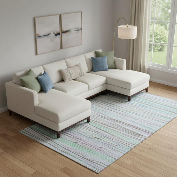 HomeRoots 10' X 14' Sky Blue, Green & Purple Striped Area Rug - Soft, Washable & UV-Protected for Durability 694737