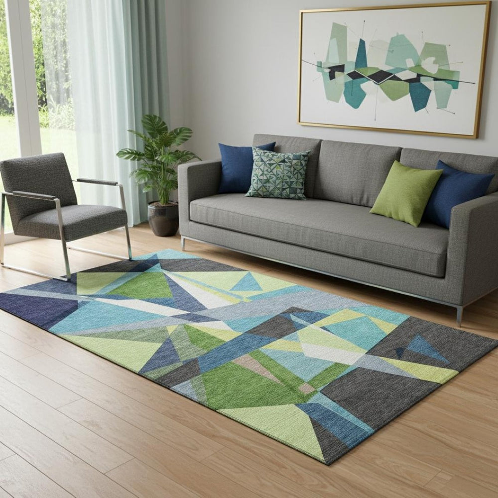 HomeRoots 5' X 8' Modern Blue Green Gray Geometric Washable Area Rug - UV Protected & Stain Resistant Design 694739