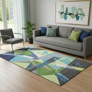 HomeRoots 5' X 8' Modern Blue Green Gray Geometric Washable Area Rug - UV Protected & Stain Resistant Design 694739