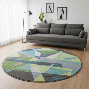 HomeRoots 8' Round Geometric Washable Rug in Blue, Green & Gray - Durable, UV-Protected, Easy Clean Design! 694740
