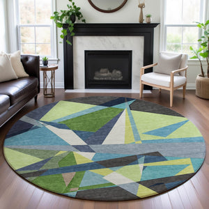 HomeRoots 8' Round Geometric Washable Rug in Blue, Green & Gray - Durable, UV-Protected, Easy Clean Design! 694740