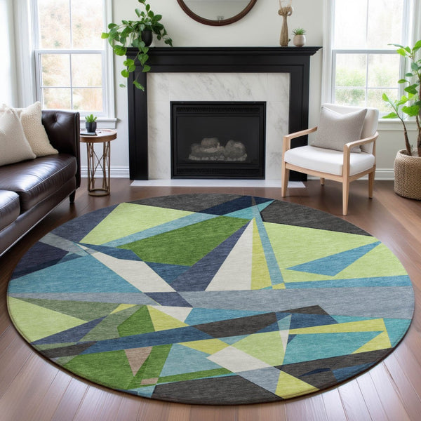HomeRoots 8' Round Geometric Washable Rug in Blue, Green & Gray - Durable, UV-Protected, Easy Clean Design! 694740