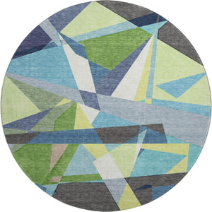 HomeRoots 8' Round Geometric Washable Rug in Blue, Green & Gray - Durable, UV-Protected, Easy Clean Design! 694740