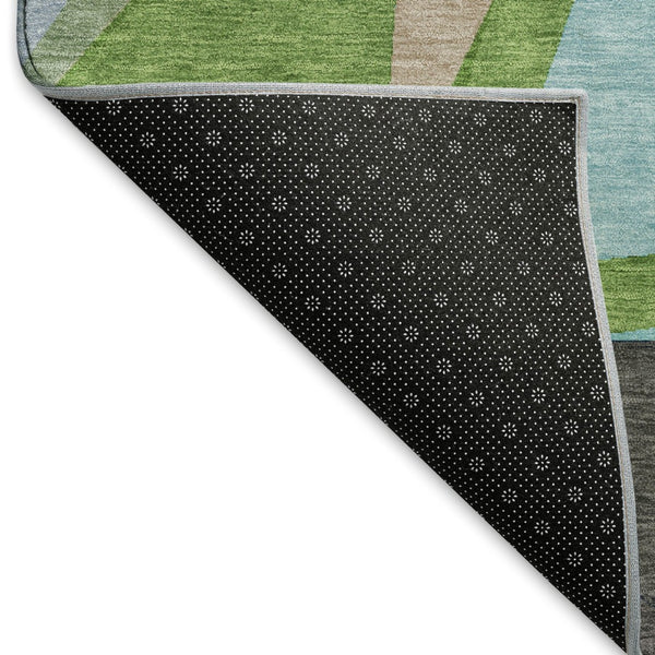 HomeRoots 8' Round Geometric Washable Rug in Blue, Green & Gray - Durable, UV-Protected, Easy Clean Design! 694740