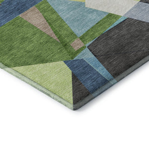 HomeRoots 8' Round Geometric Washable Rug in Blue, Green & Gray - Durable, UV-Protected, Easy Clean Design! 694740