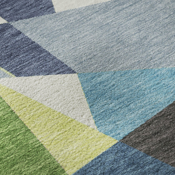 HomeRoots 8' Round Geometric Washable Rug in Blue, Green & Gray - Durable, UV-Protected, Easy Clean Design! 694740