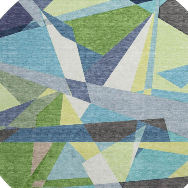 HomeRoots 8' Round Geometric Washable Rug in Blue, Green & Gray - Durable, UV-Protected, Easy Clean Design! 694740