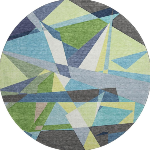 HomeRoots 8' Round Geometric Washable Rug in Blue, Green & Gray - Durable, UV-Protected, Easy Clean Design! 694740