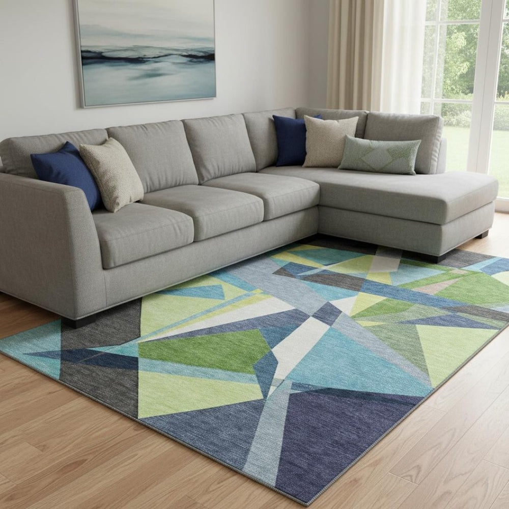 HomeRoots 8' Contemporary Blue Green Gray Washable Area Rug with UV Protection for High-Traffic Spaces 694741