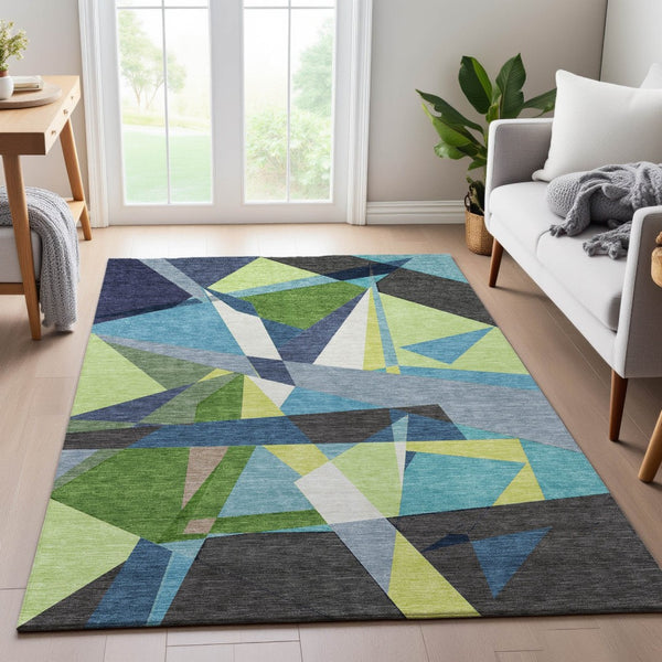 HomeRoots 8' Contemporary Blue Green Gray Washable Area Rug with UV Protection for High-Traffic Spaces 694741