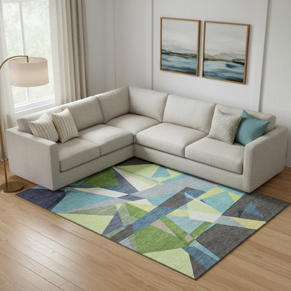 HomeRoots 9' X 12' Geometric Area Rug in Blue, Green & Gray - Washable, UV-Protected, Perfect for High-Traffic Areas 694742