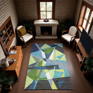 HomeRoots 9' X 12' Geometric Area Rug in Blue, Green & Gray - Washable, UV-Protected, Perfect for High-Traffic Areas 694742