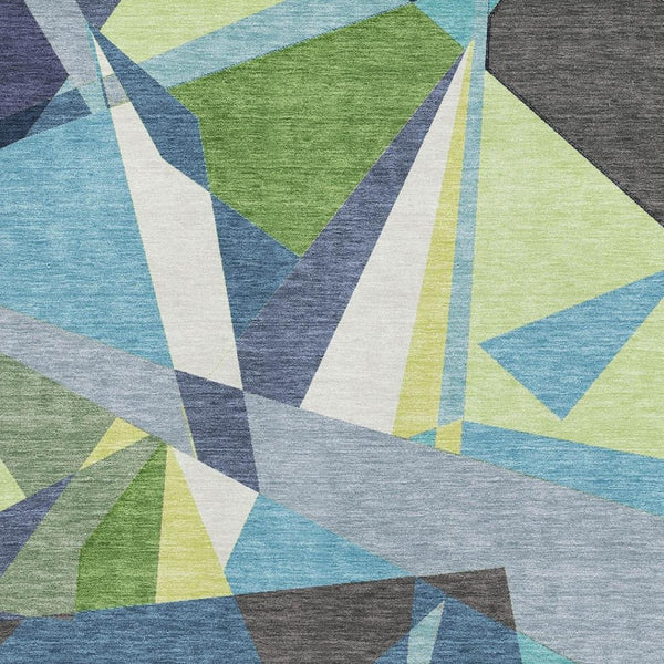 HomeRoots 9' X 12' Geometric Area Rug in Blue, Green & Gray - Washable, UV-Protected, Perfect for High-Traffic Areas 694742