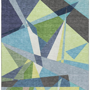 HomeRoots 9' X 12' Geometric Area Rug in Blue, Green & Gray - Washable, UV-Protected, Perfect for High-Traffic Areas 694742
