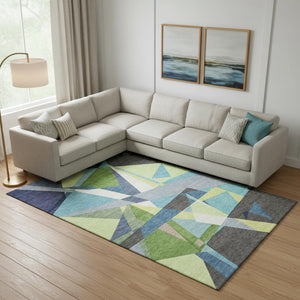 HomeRoots 10' Geometric Washable Area Rug in Blue, Green, and Gray - Durable, UV-Protected, and Stylish! 694743