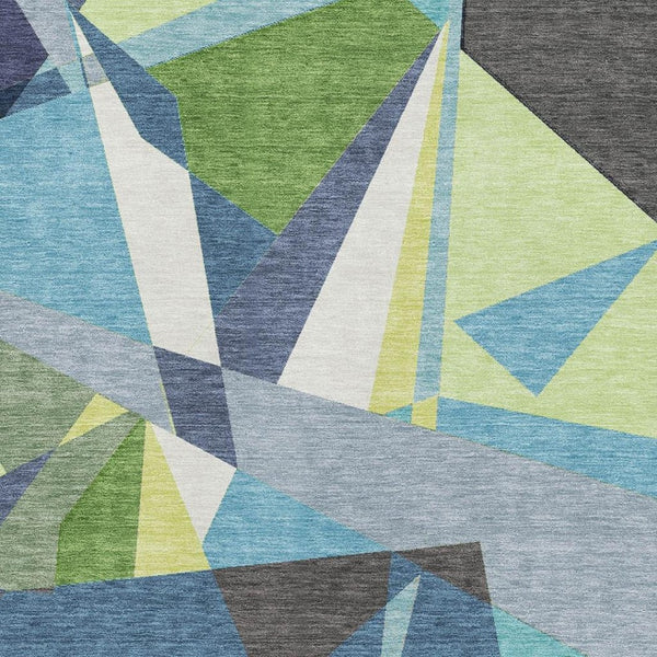 HomeRoots 10' Geometric Washable Area Rug in Blue, Green, and Gray - Durable, UV-Protected, and Stylish! 694743