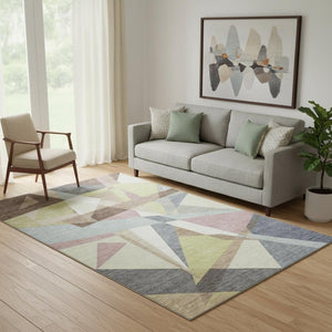 HomeRoots 5' X 8' Washable Khaki Gray & Mauve Geometric Area Rug with UV Protection for Busy Homes 694745