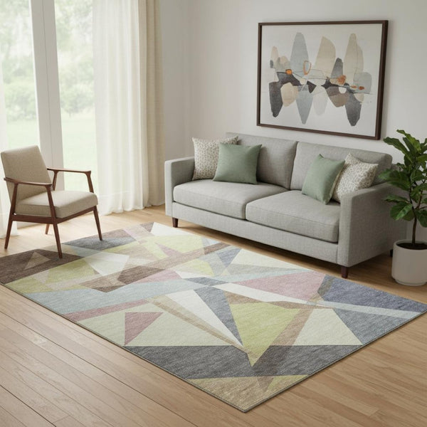 HomeRoots 5' X 8' Washable Khaki Gray & Mauve Geometric Area Rug with UV Protection for Busy Homes 694745