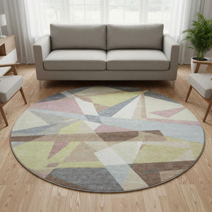 HomeRoots 8' Round Khaki Gray & Mauve Geometric Washable Rug with UV Protection for Stylish Homes & Pets 694746