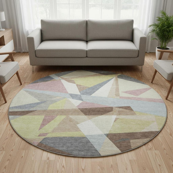 HomeRoots 8' Round Khaki Gray & Mauve Geometric Washable Rug with UV Protection for Stylish Homes & Pets 694746
