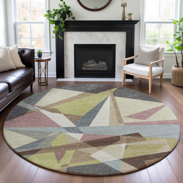 HomeRoots 8' Round Khaki Gray & Mauve Geometric Washable Rug with UV Protection for Stylish Homes & Pets 694746