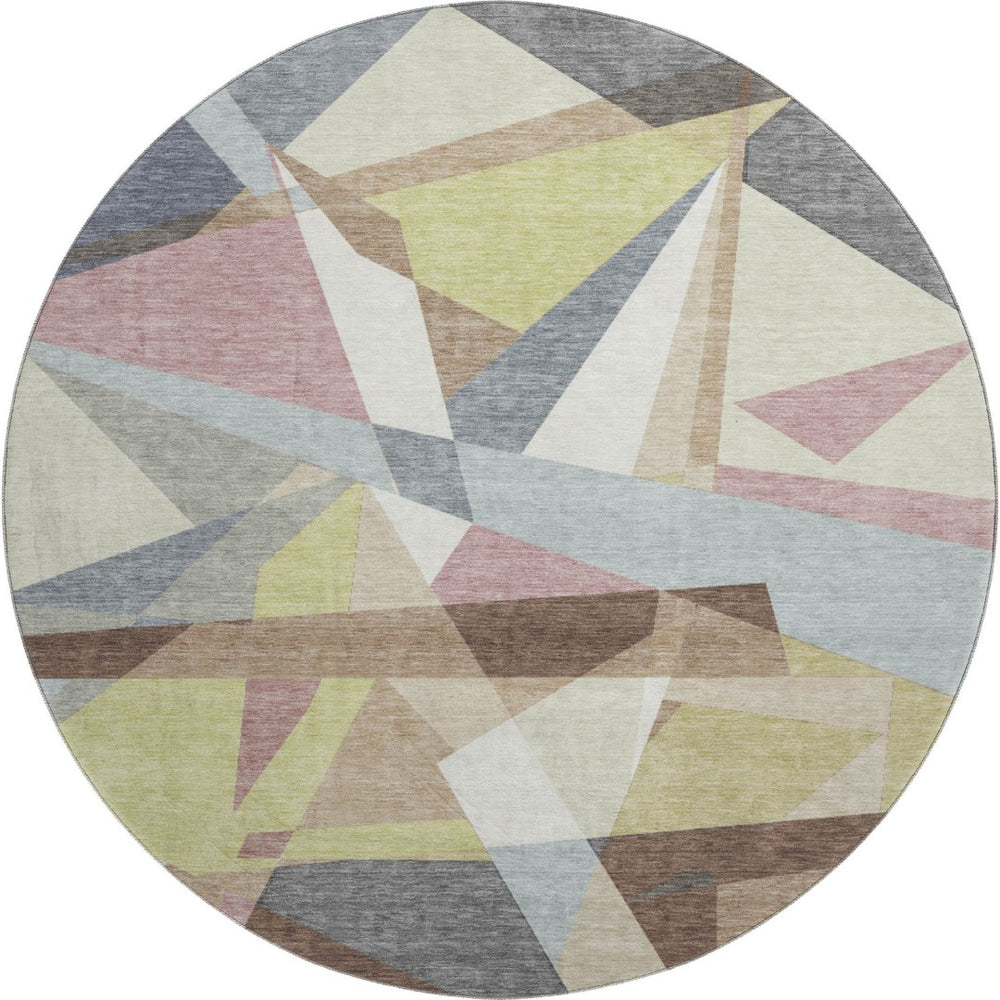 HomeRoots 8' Round Khaki Gray & Mauve Geometric Washable Rug with UV Protection for Stylish Homes & Pets 694746
