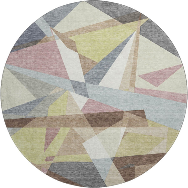 HomeRoots 8' Round Khaki Gray & Mauve Geometric Washable Rug with UV Protection for Stylish Homes & Pets 694746
