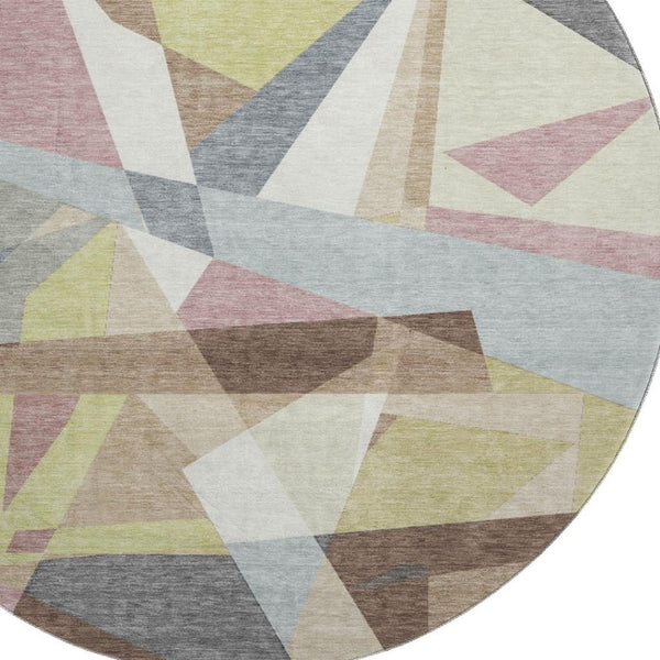 HomeRoots 8' Round Khaki Gray & Mauve Geometric Washable Rug with UV Protection for Stylish Homes & Pets 694746