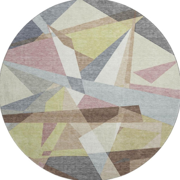 HomeRoots 8' Round Khaki Gray & Mauve Geometric Washable Rug with UV Protection for Stylish Homes & Pets 694746