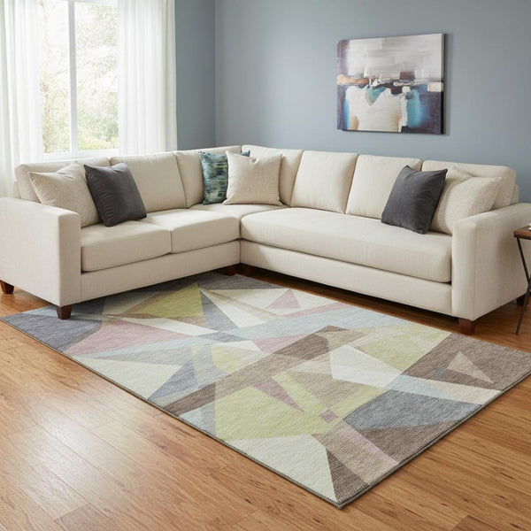 HomeRoots 8' Modern Khaki Gray & Mauve Geometric Washable Area Rug with UV Protection for High-Traffic Spaces 694747