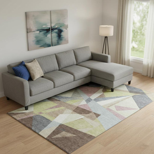 HomeRoots 10' Khaki Gray & Mauve Geometric Area Rug - Washable, UV Resistant, Pet-Friendly Design for Homes 694749