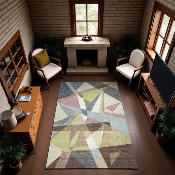 HomeRoots 10' Khaki Gray & Mauve Geometric Area Rug - Washable, UV Resistant, Pet-Friendly Design for Homes 694749