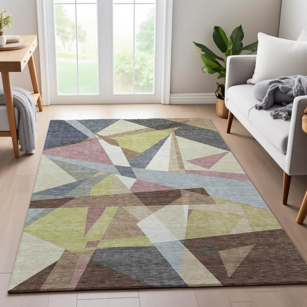 HomeRoots 10' Khaki Gray & Mauve Geometric Area Rug - Washable, UV Resistant, Pet-Friendly Design for Homes 694749