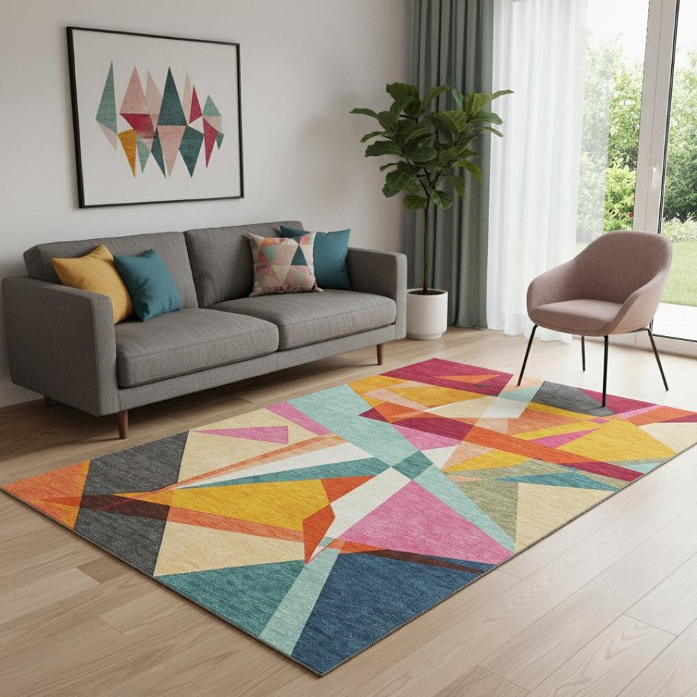 HomeRoots 5' X 8' Vibrant Geometric Washable Area Rug with UV Protection – Perfect for Modern Spaces & Durability 694751