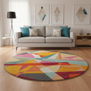 HomeRoots 8' X 8' Vibrant Geometric Washable Round Rug with UV Protection - Durable, Stain-Resistant, Non-Slip! 694752