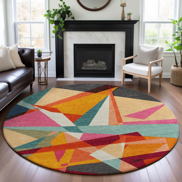 HomeRoots 8' X 8' Vibrant Geometric Washable Round Rug with UV Protection - Durable, Stain-Resistant, Non-Slip! 694752