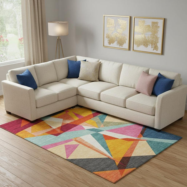 HomeRoots 10' Vibrant Geometric Washable Area Rug in Orange, Red, Blue & Gold - UV Protected, Non-Slip Design 694755