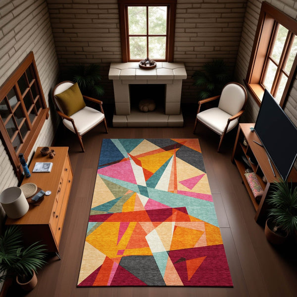 HomeRoots 10' Vibrant Geometric Washable Area Rug in Orange, Red, Blue & Gold - UV Protected, Non-Slip Design 694755