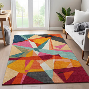 HomeRoots 10' Vibrant Geometric Washable Area Rug in Orange, Red, Blue & Gold - UV Protected, Non-Slip Design 694755
