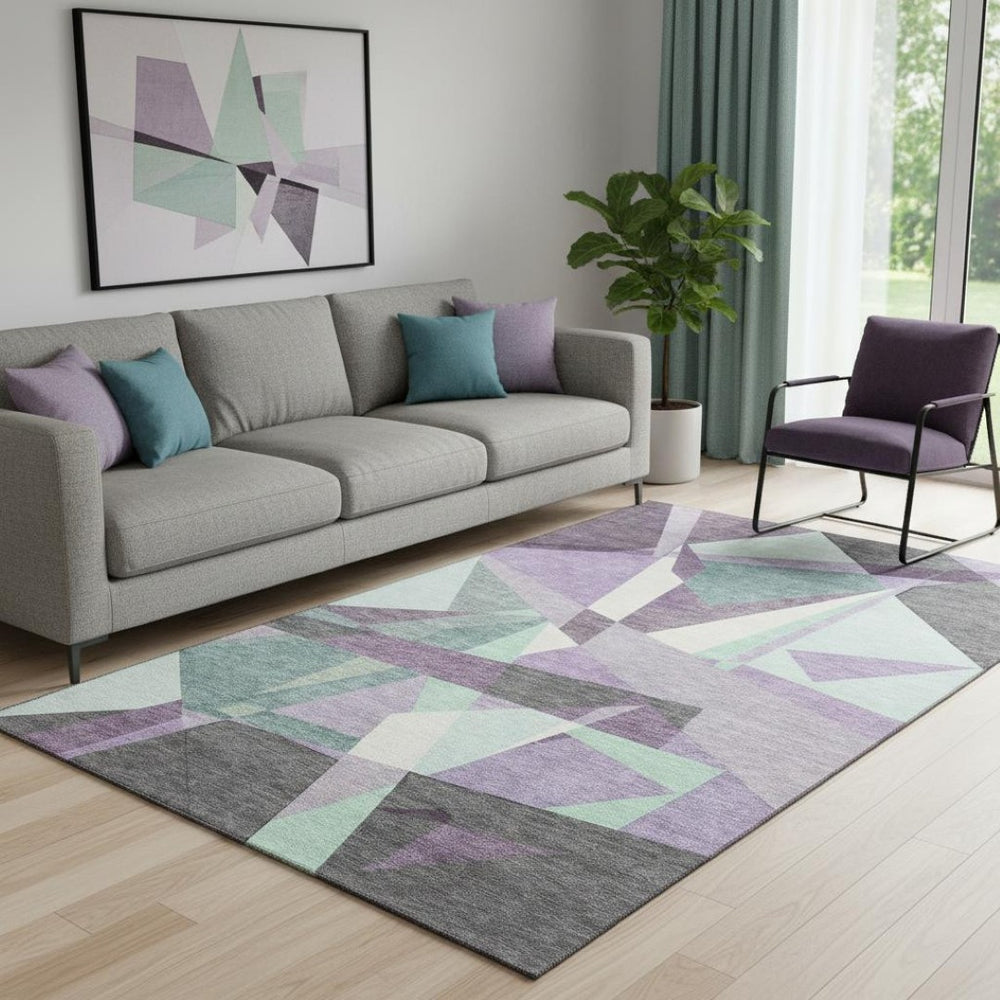 HomeRoots 5' X 8' Stylish Purple Ivory Teal Geometric Area Rug - Washable, UV-Protected, Non-Slip Design! 694757
