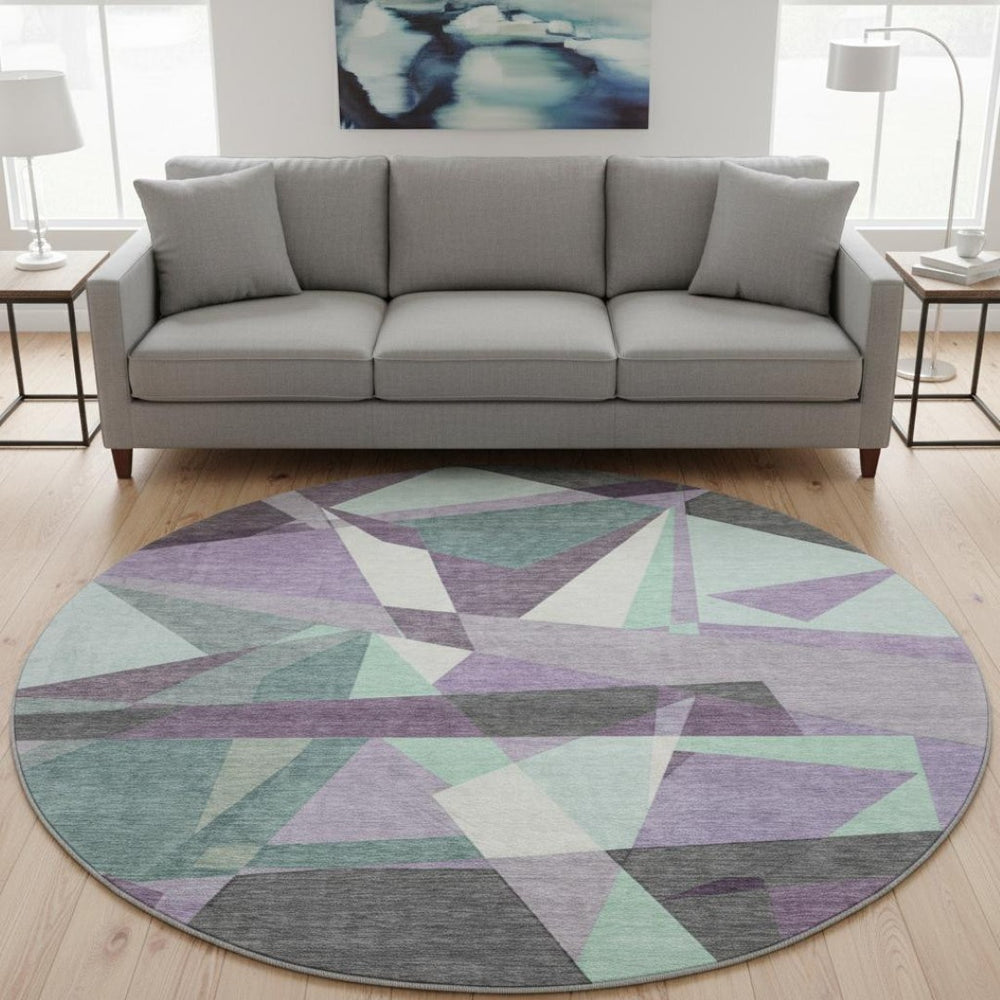 HomeRoots 8' X 8' Geometric Purple, Ivory & Teal Washable Round Rug with UV Protection for Modern Living Spaces 694758